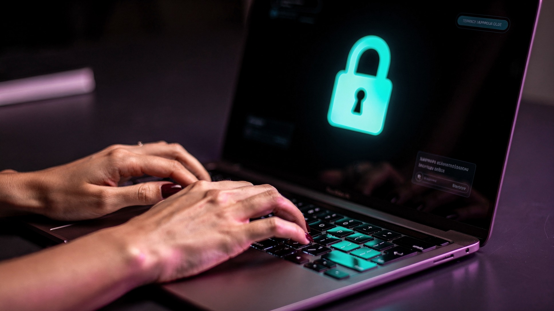 Elegant hands typing on laptop with glowing padlock security icon