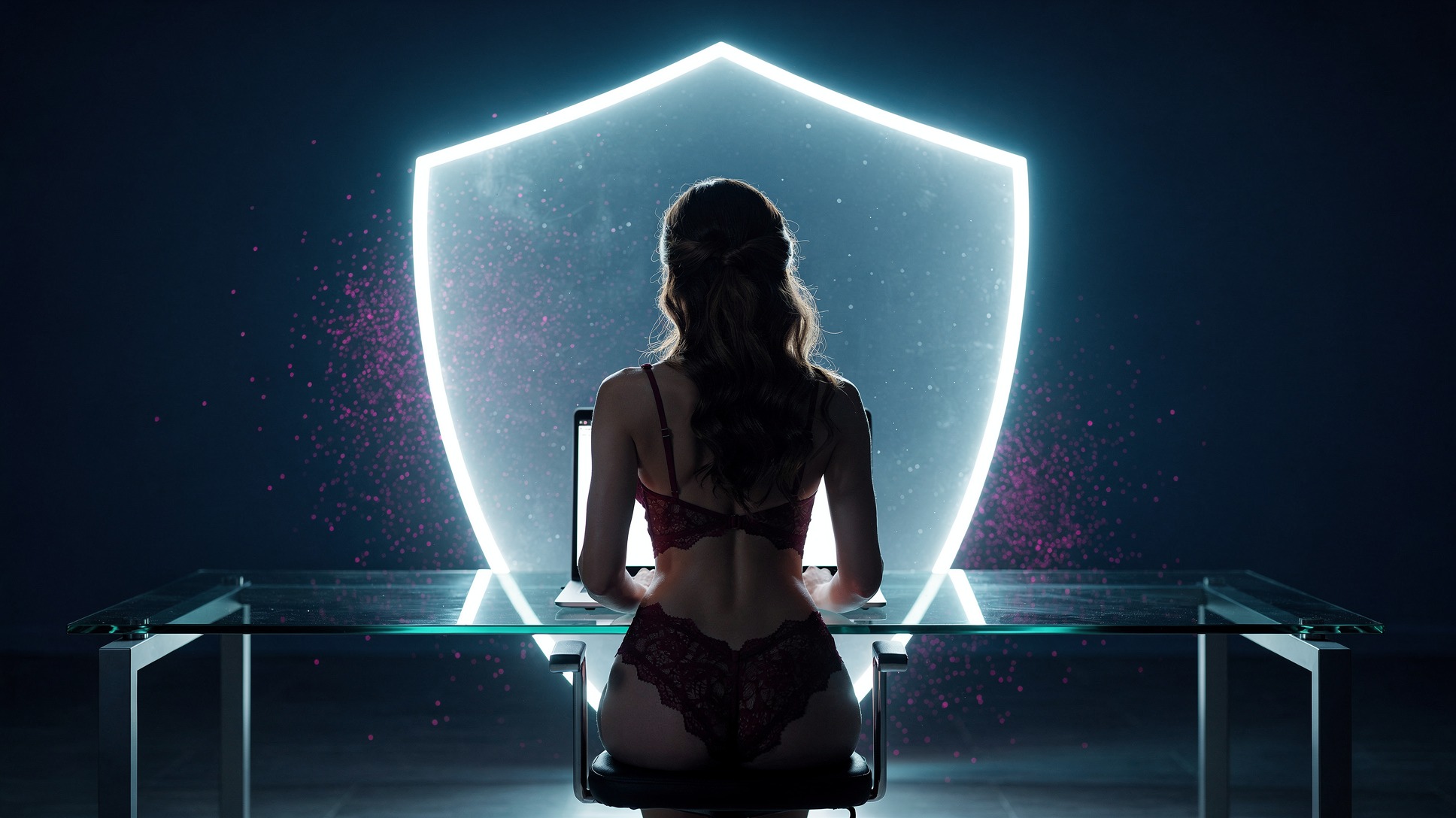 Woman browsing safely on laptop with protective digital glow shield around her silhouette