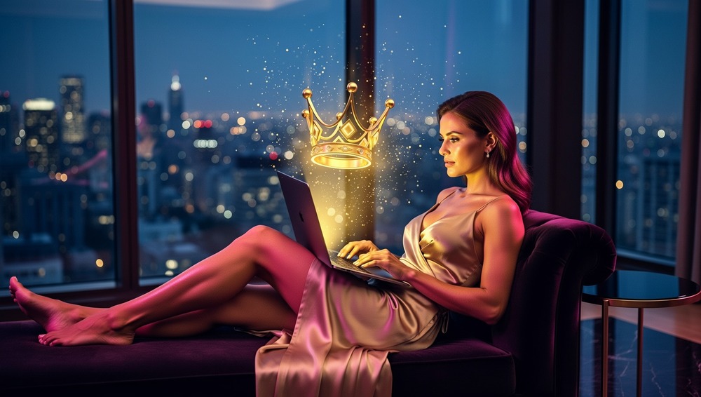 Glamorous woman in silk lounging with laptop displaying premium unlock interface, bathed in golden and magenta light