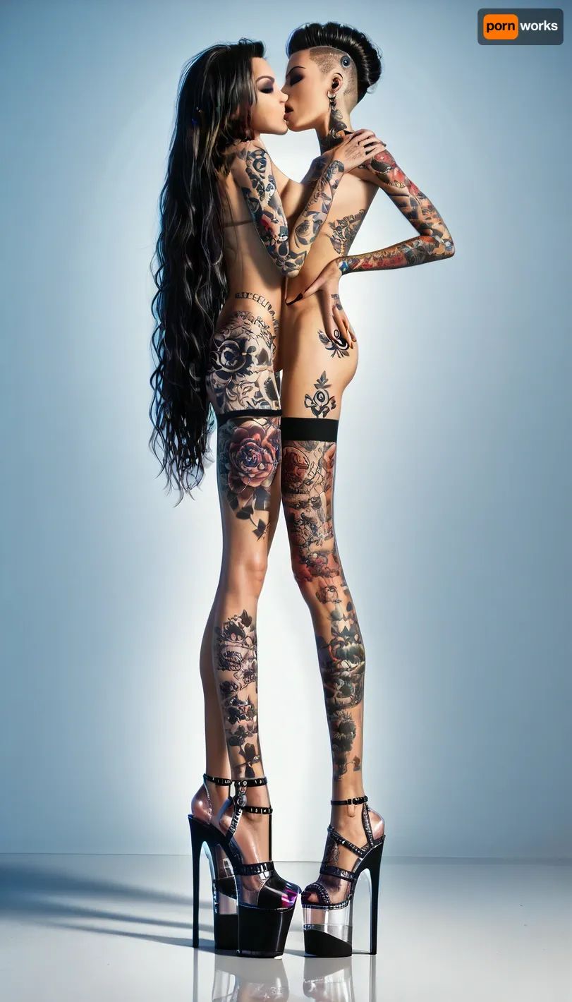 Two heavily tattooed women in an intimate kiss, edgy aesthetic with platform heels against studio lighting