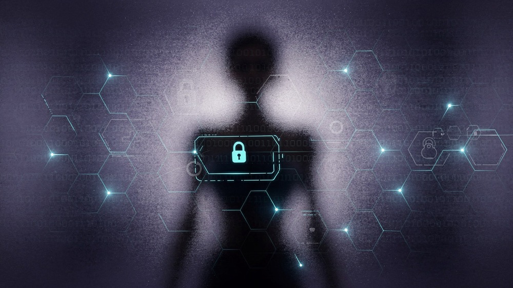 Encrypted intimacy - silhouette protected behind digital security visualization