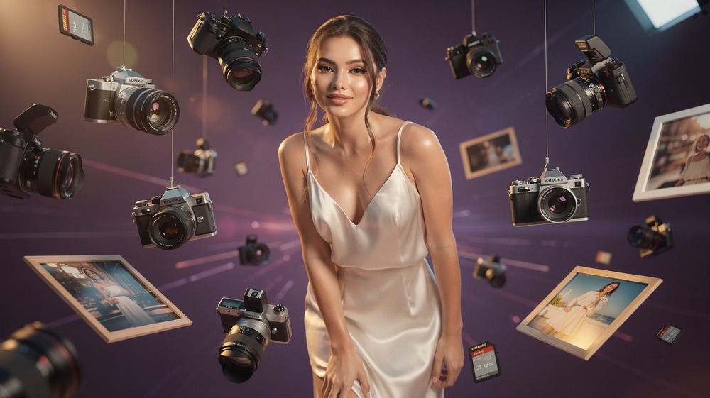 Woman surrounded by camera and photo elements representing the realism choice