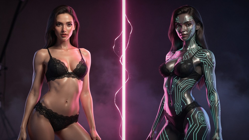 PornWorks AI vs Sugarlab AI comparison - split screen showing realistic versus digital companion aesthetics