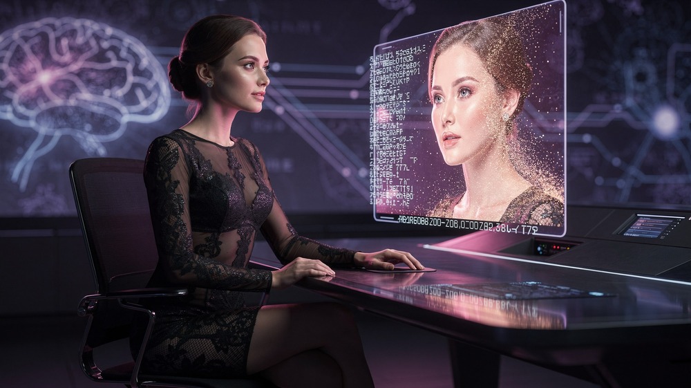 Elegant woman at futuristic workstation with holographic text prompt transforming into a forming image