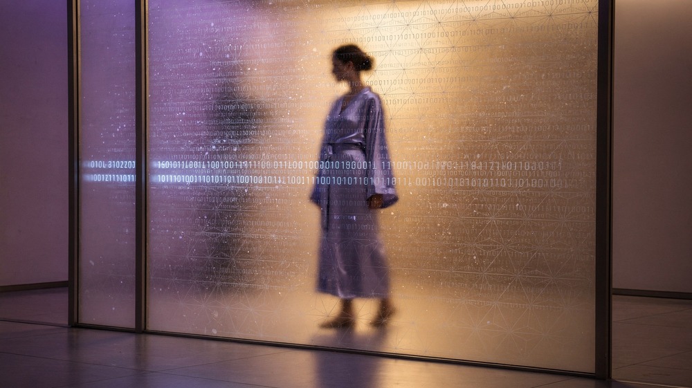 Elegant woman seen through frosted glass with digital encryption patterns creating artistic privacy