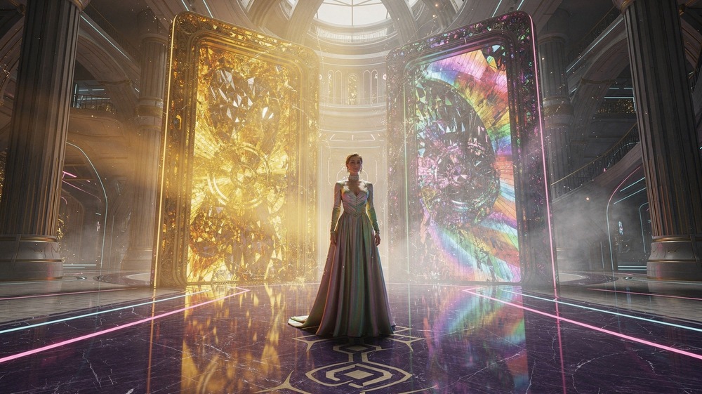 Elegant woman standing between two glowing doorways - one golden for photorealistic perfection, one prismatic for creative variety