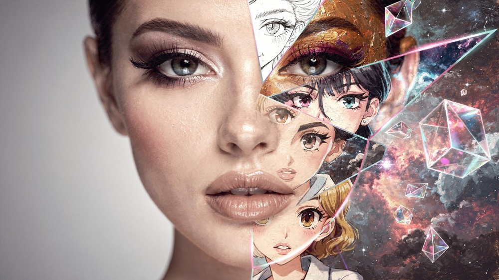 PornWorks AI vs CreatePorn comparison - close-up beauty portrait with one half showing hyperrealistic detail and the other half transforming into multiple artistic styles