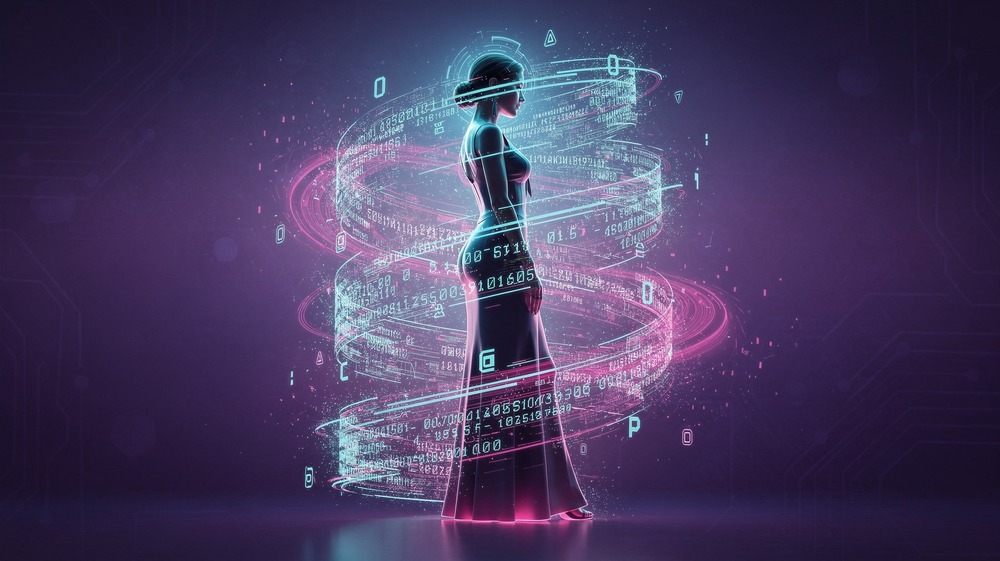Feminine silhouette wrapped in protective glowing encrypted data streams