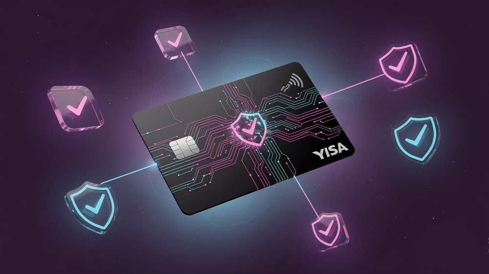 Sleek credit card with holographic security features and verification checkmarks