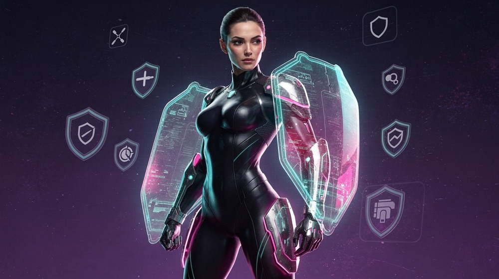 Woman with holographic armor and shield elements for digital protection