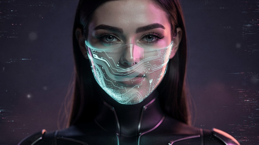 Woman with face partially obscured by elegant digital mask representing anonymity
