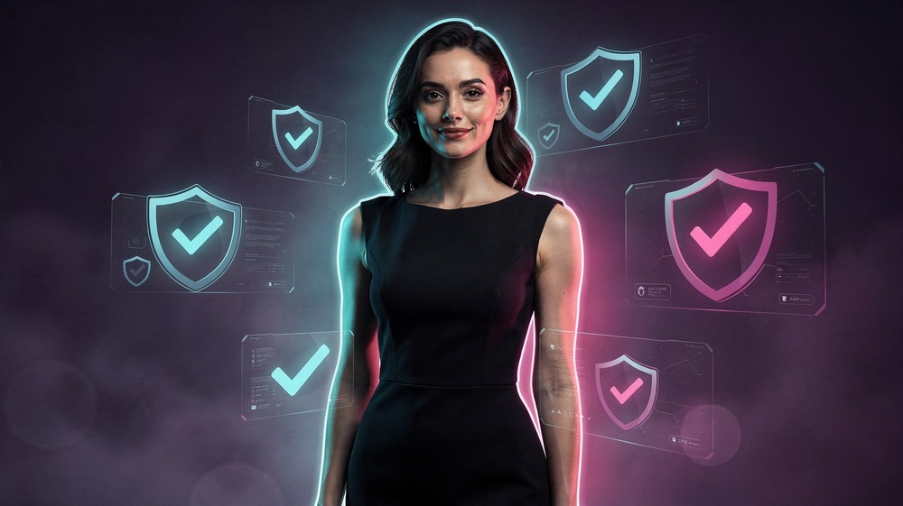 Confident woman surrounded by holographic verification checkmarks and shield icons