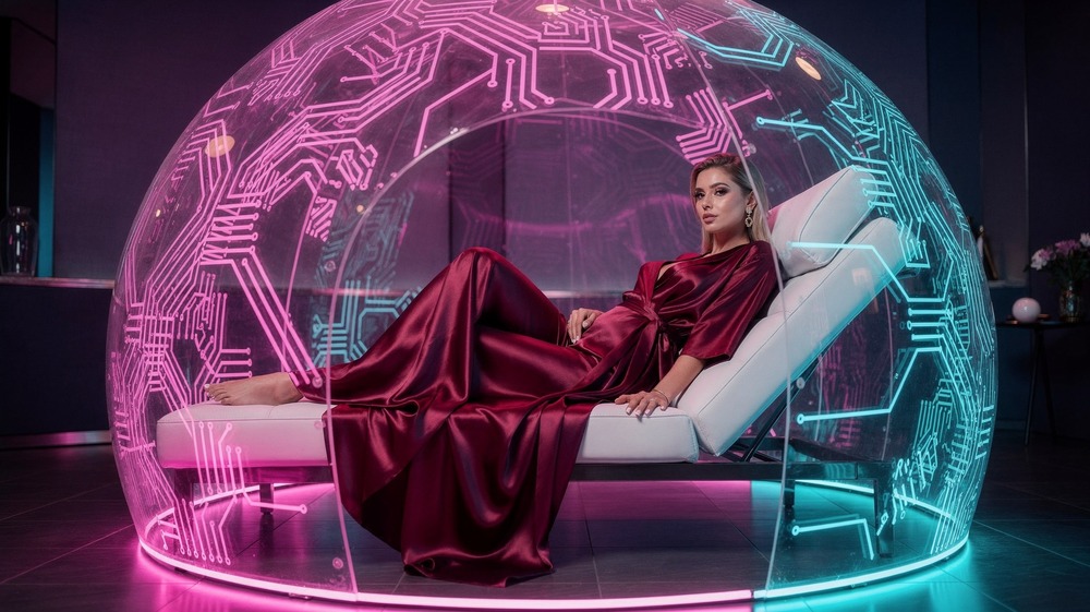 Woman in elegant silk robe surrounded by protective glowing digital security dome