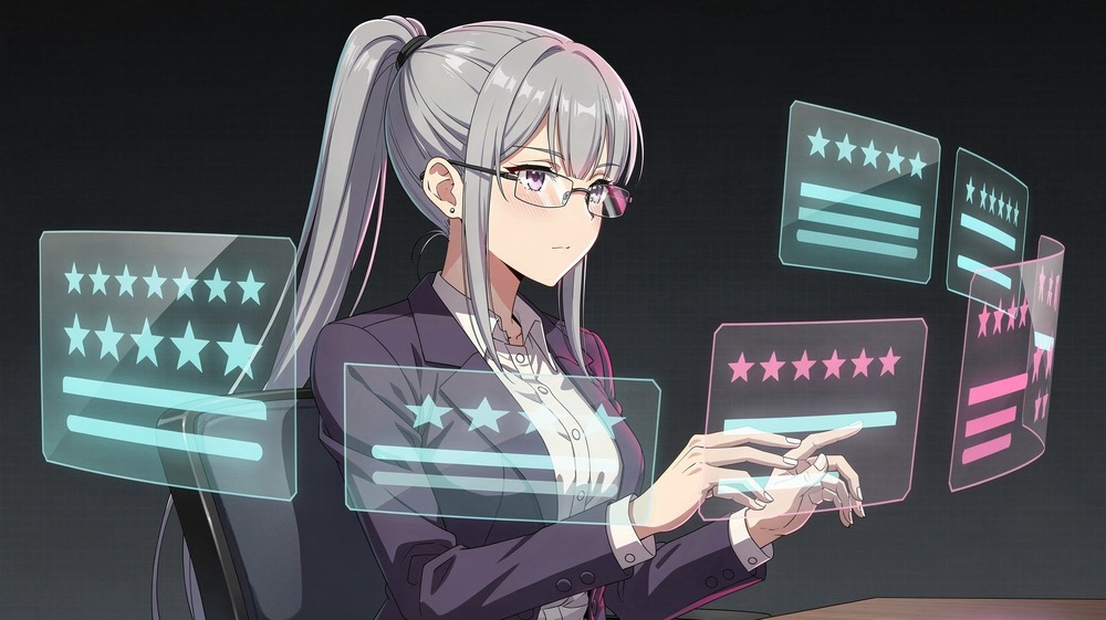 Anime judge girl analyzing AI hentai generator scores and ratings