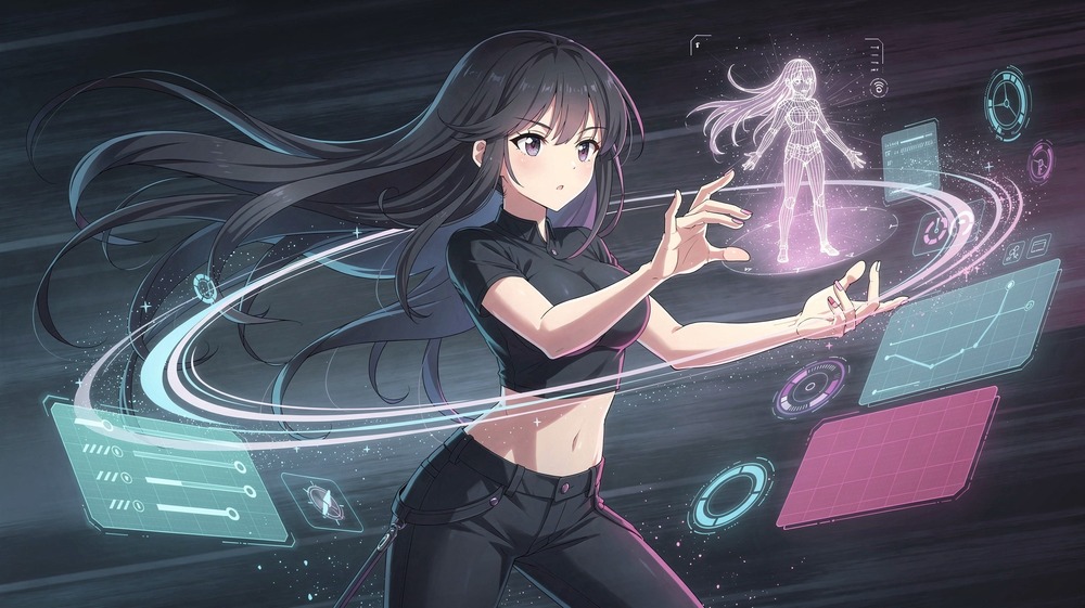 Anime girl using magical gesture controls to customize AI-generated hentai artwork