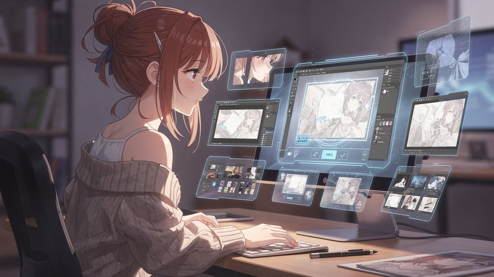 Anime girl working at a futuristic holographic editing workspace