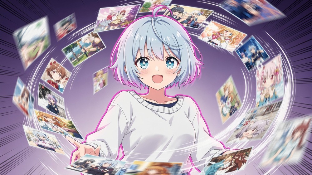Energetic anime girl surrounded by rapidly generating AI images