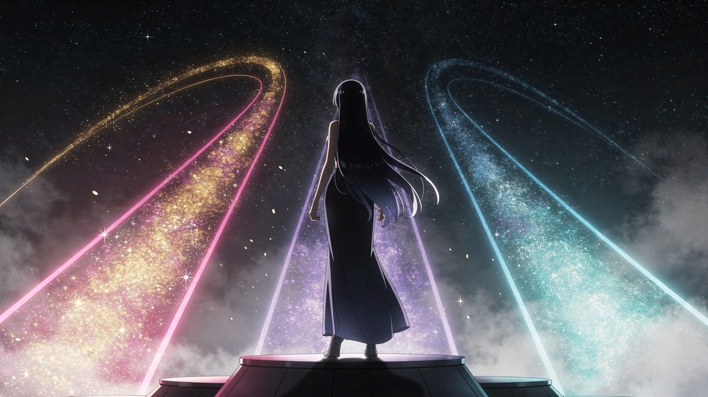 Anime girl at mystical crossroads with one illuminated path representing the clear choice